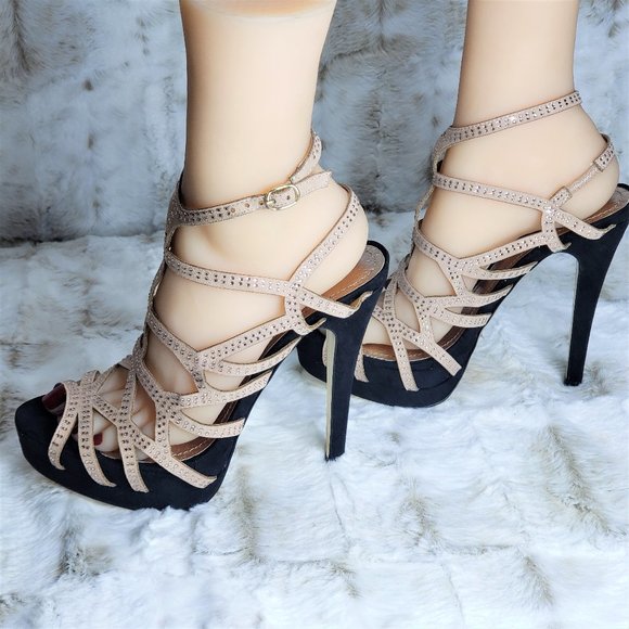 ☆ Nude Rhinestone Strap Platform High Heel Shoes Sandals Size 9 - Picture 5 of 10
